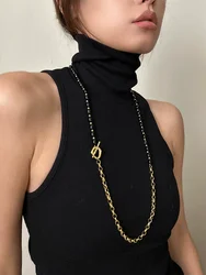 Black agate beaded long necklaces stainless steel sweater necklaces vintage elegant black stainless steel jewelry non tarnish