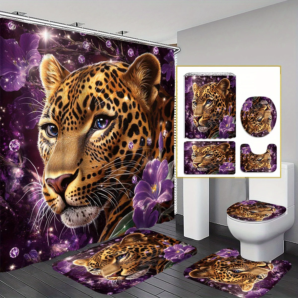 

4 шт., современный простой комплект занавесок для душа с леопардовым и цветочным узором, занавеска для ванной комнаты, занавеска для душа с декором ванной комнаты, напольный коврик