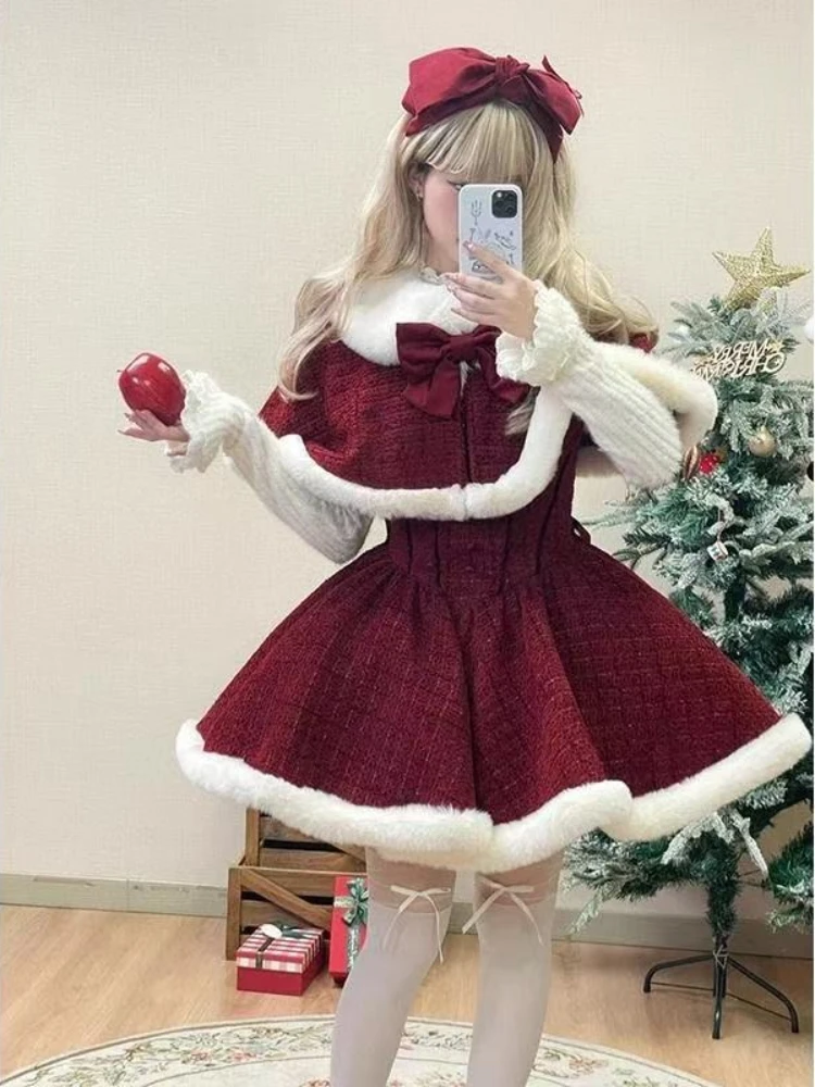 Зимние рождественские комплекты из трех предметов в стиле Лолиты, женский плащ с бантом + элегантный теплый свитер + шикарное платье, женская одежда в корейском стиле