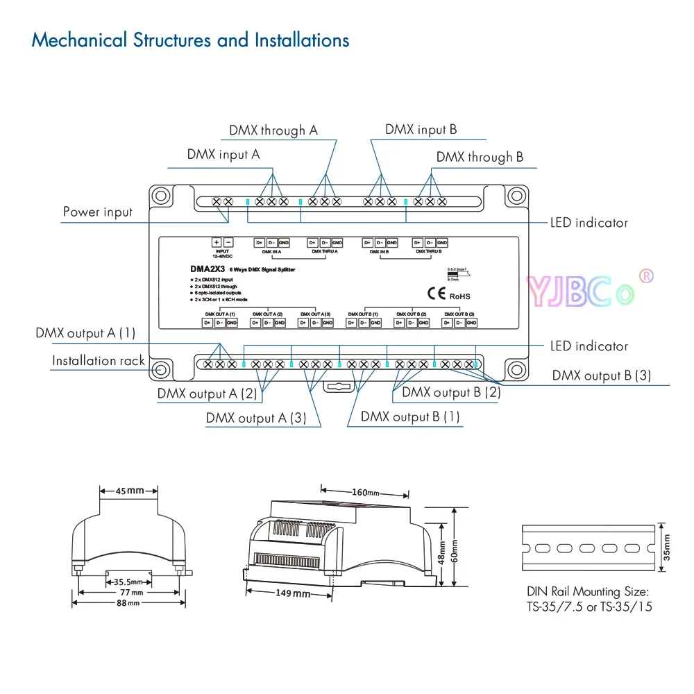 6 Ways DMX Signal Splitter DMA2X3 12V-48V 24V 36V 0.5A Max 6CH DMX512 Amplifier Repeater Work DMX Master For LED Lamp Lights