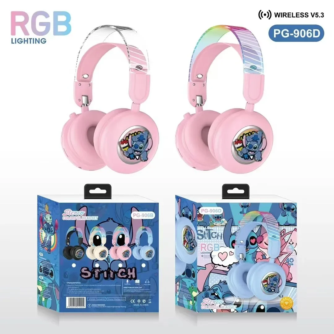 Disney Stitch Headphone Bluetooth Wireless RGB Light Foldable Computer Earphones Noise Reduction Stereo Gaming Headset PG-906