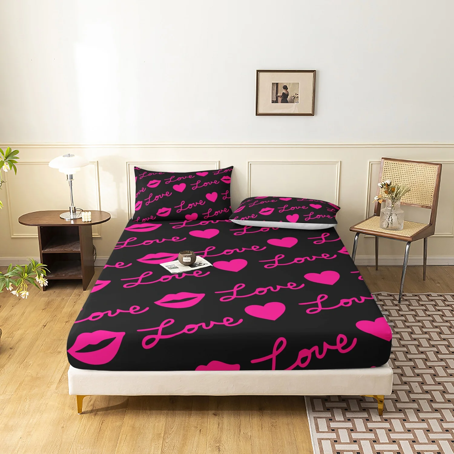 3 Pieces Romantic Pink Heart Lips Love Print Fitted Sheet Set, Black Hot Pink Cursive Love Letter Lip Pattern Bedding