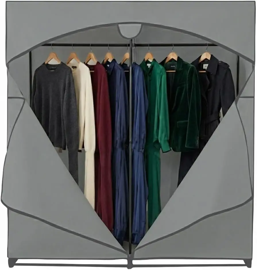 Portable Wardrobe Closet - 65 lb Large Capacity, Internal Heavy Duty Metal Rod, Zipper & Clear Window, Dark Gray Canvas Cover