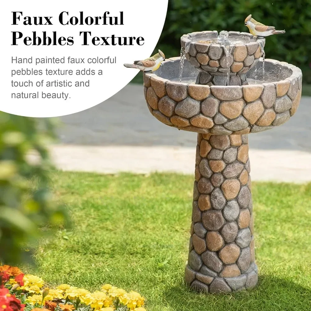 2-Tier Stone Like Outdoor Water Fountain Bird Bath Patio Fountainwith Birds Decor Freestanding Patio Water Fountain Pump