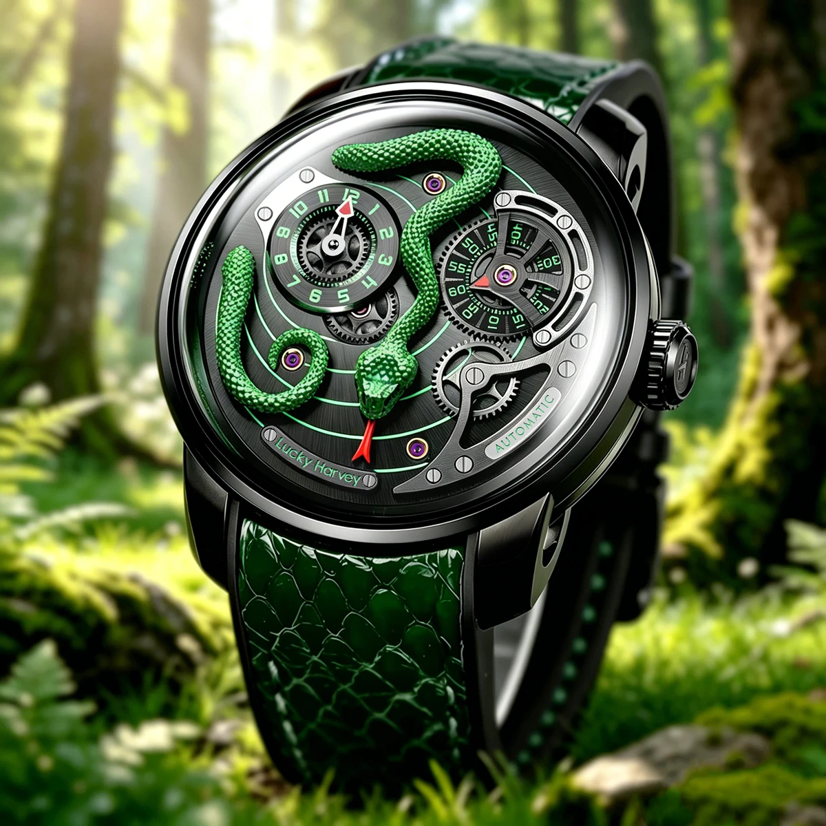Lucky Harvey Artistic Snake Men's Automatic Watch Sapphire Crystal Mirror 316L Case Mechanical Watch