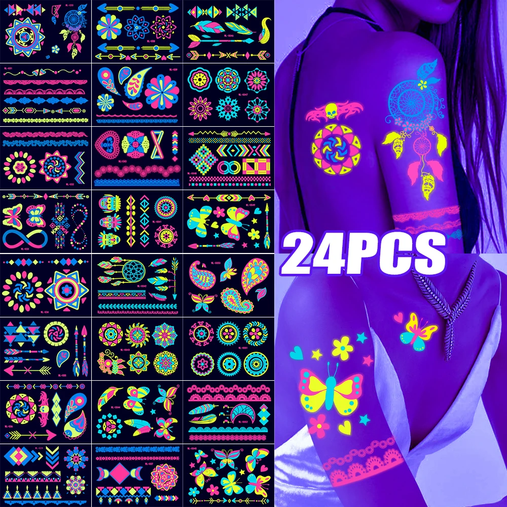 12/24 Stuks Lichtgevende Tijdelijke Tattoos Stickers Uv Neon Fluorescerende Glow In The Dark Voor Lichaam Gezicht Tattoo Stickers Party accessorie
