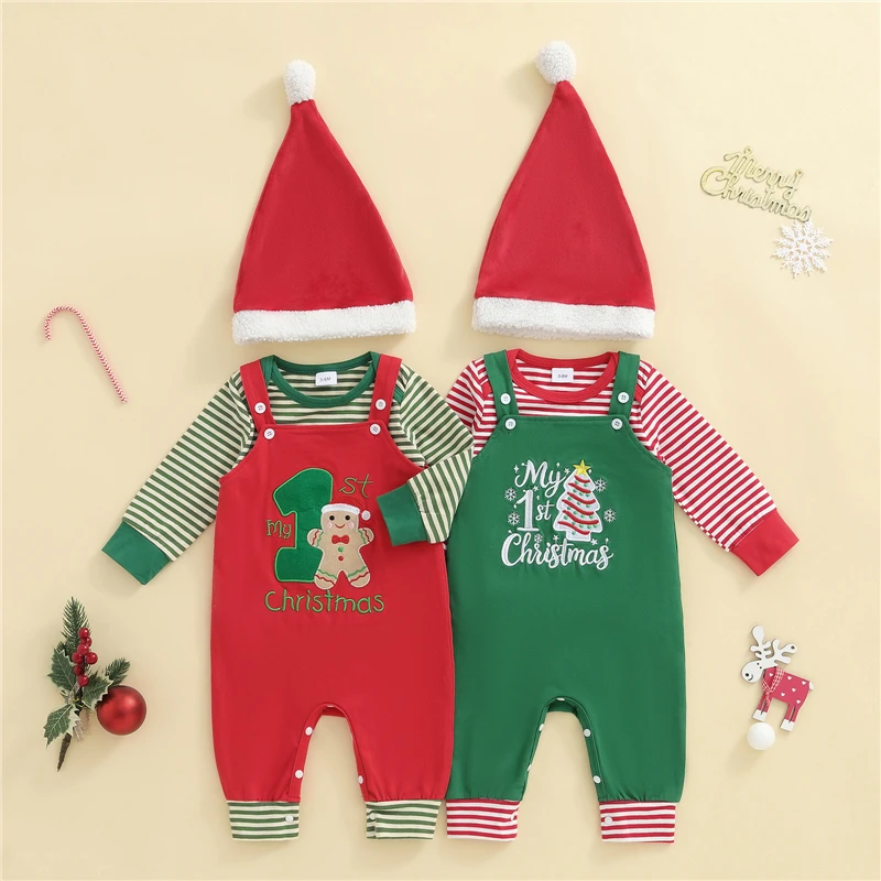 Vêtements pour bébé garçon, barboteuse à manches longues, rayures de noël, broderie de chiffres, pantalon et chapeau, tenue 3 pièces, vêtements pour nouveau-né