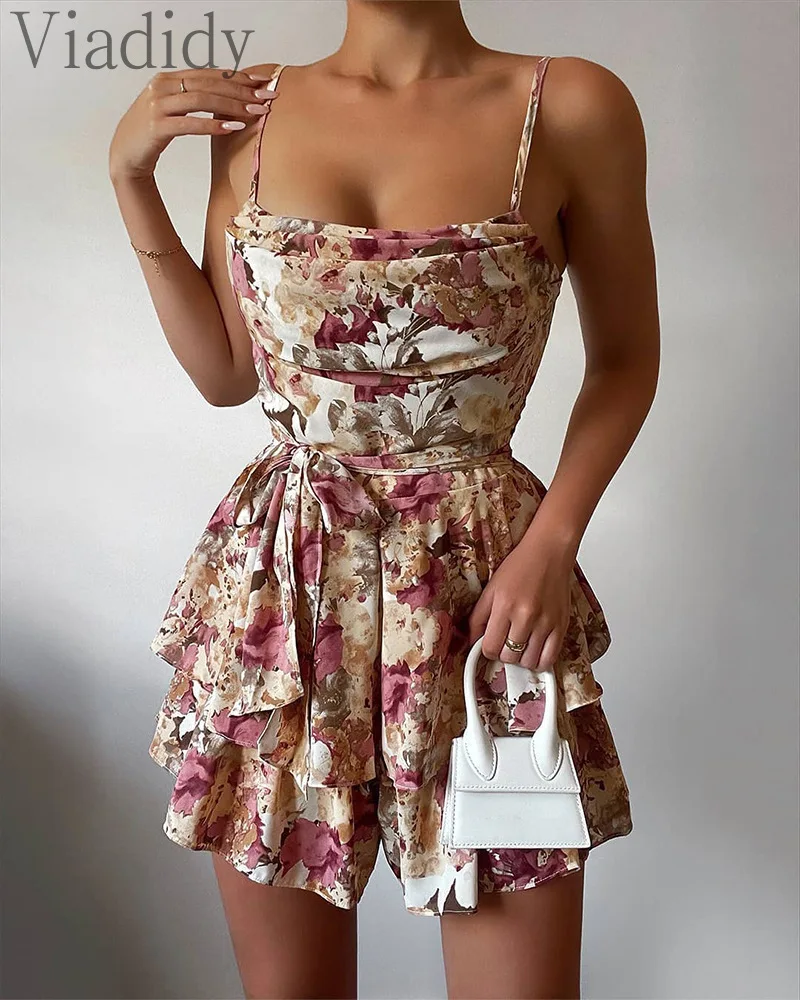 

Women Summer Print Lace-up Ruffles Decor Playsuits Sleeveless Chiffon Rompers