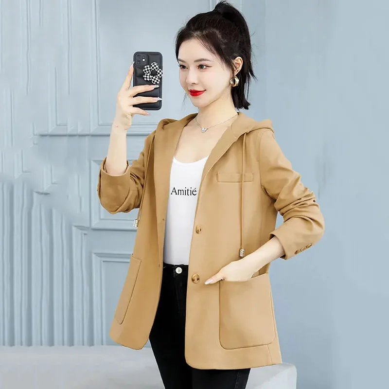 

Blazer Women's Coat Spring Autumn 2024 New Fashion Korean Long Sleeve Hooded Suit Women Jacket Casual Ladies Blazers Coats Tops