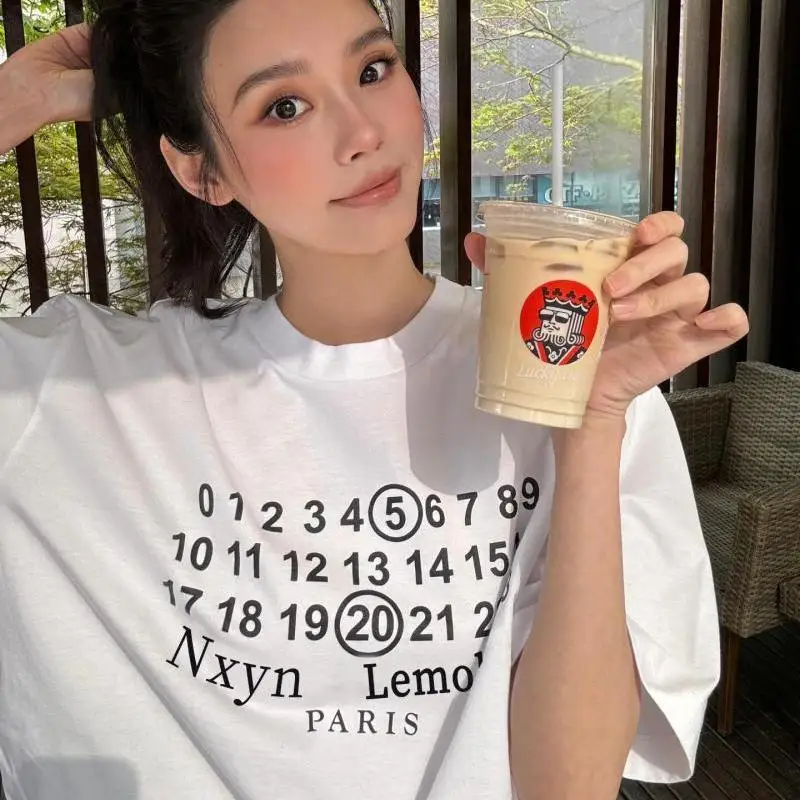 

100%Pure Cotton White T Shirts Street Designer Chic Letter Printed T-shirt Elegant Ladies Loose Summer Short Sleeve Korean Style