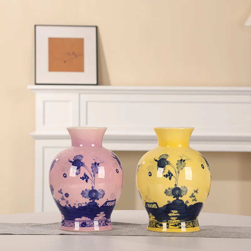 DSA pink glaze blue and white ceramic vase set retro home color decorative vase living room flower arrangement Jingdezhen