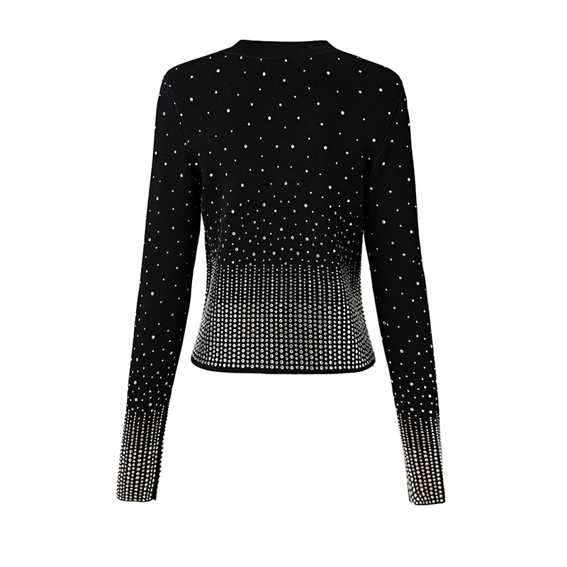 New Autumn  Luxury Shining Stones Party Design Black Knitting Stretchy Bling Street Sweater High Quality