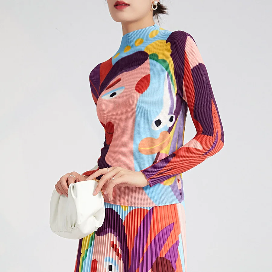 Pleated T-shirt Blouse Women Long-sleeved Half-high Neck Bottoming Shirt Europe United States Personality Female Pullover