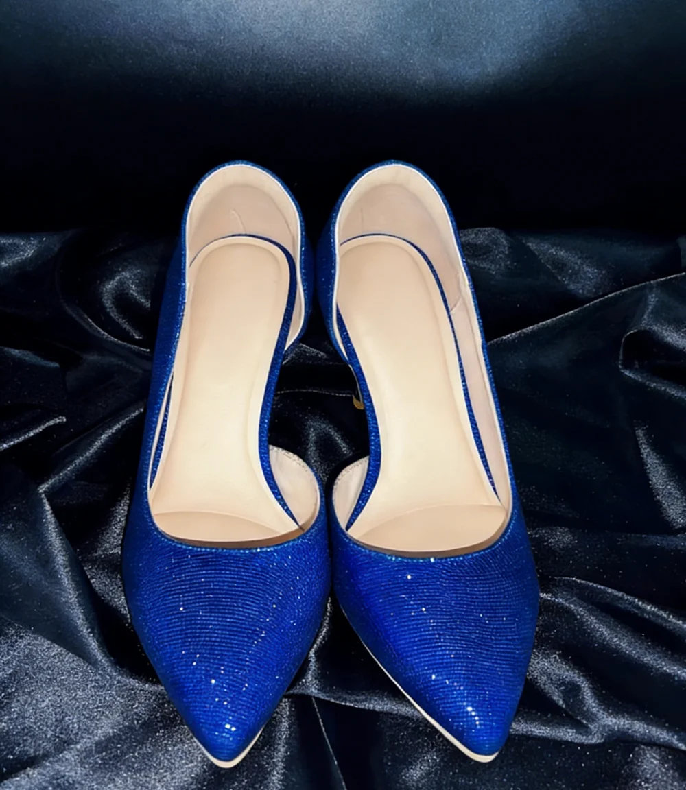 

Blue Glitter Pointed-Toe Low-Cut High Heels Elegant Stiletto Heel Red-Carpet Style Women's Pumps Perfect for Formal Events