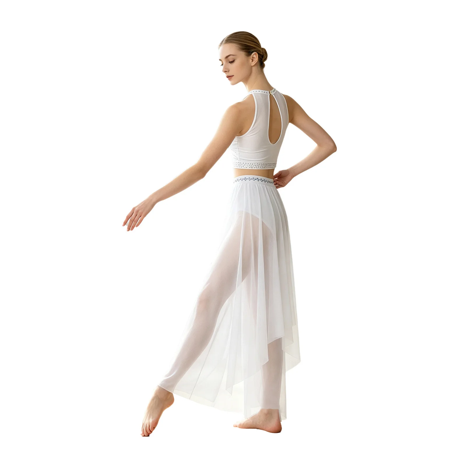 Sleeveless Keyhole Back Rhinestone Tank Top and Mesh Pants Set Womens Belly Jazz Dance Competition Clothes for Stage Performance