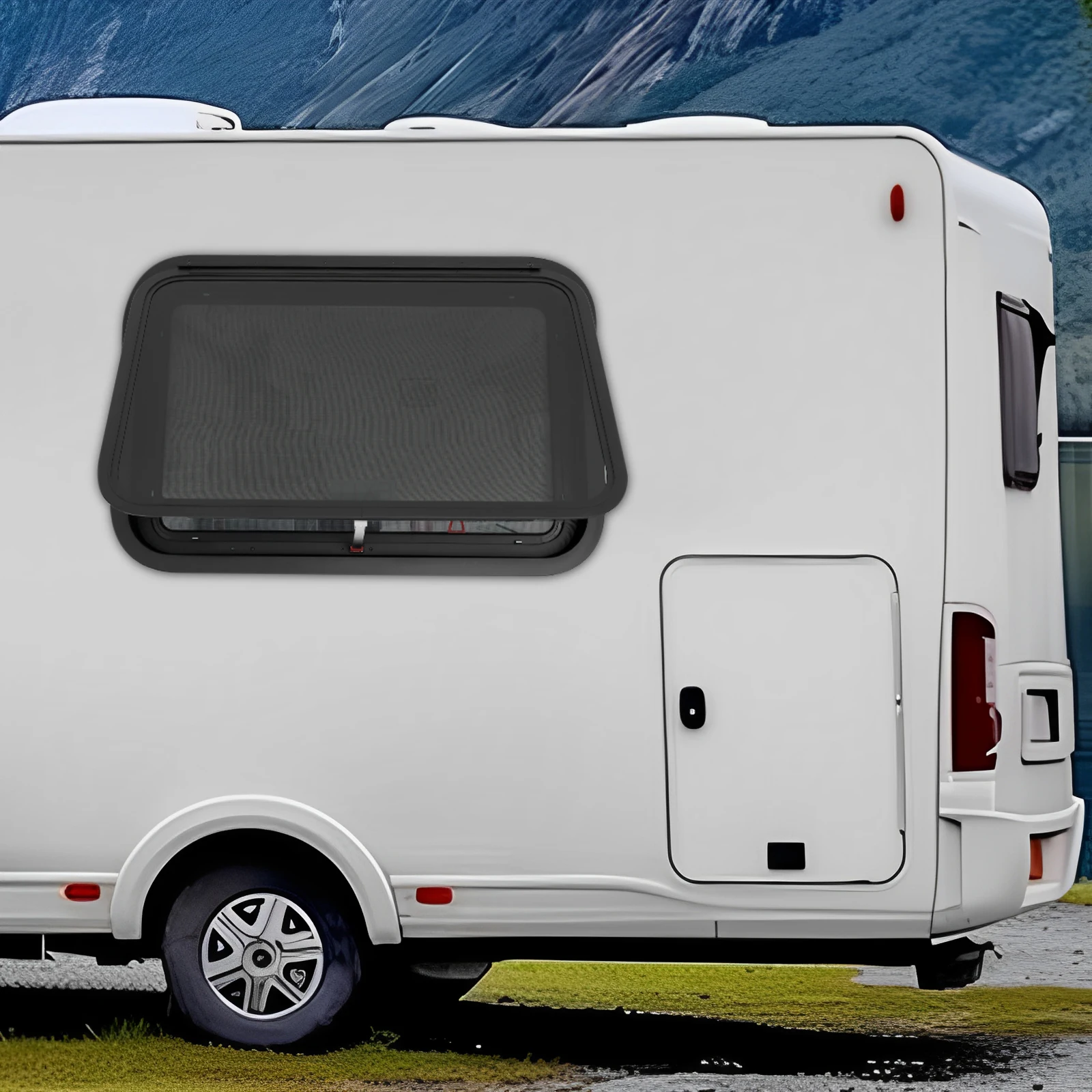 نافذة خروج RV سوداء من سبائك الألومنيوم والزجاج المقسى يفتح يدويًا نافذة الهروب في حالات الطوارئ لاستبدال شاحنة التخييم المتنقلة