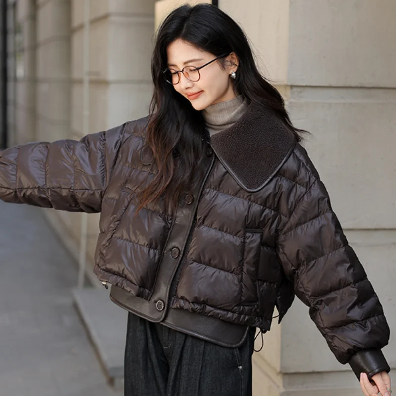 Down Jacket with Lamb Hair Lapel for Women, Female Jackets, Korean Fashion, Casual, High Street Coats, Down, Patchwork, Winter