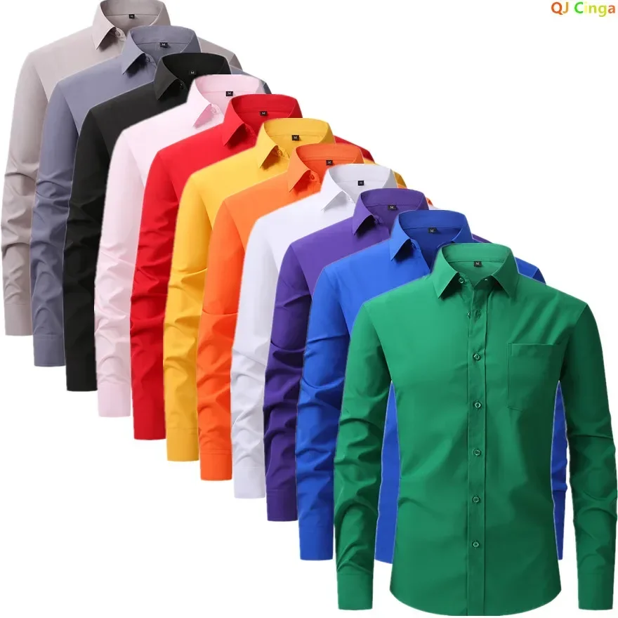 2026 Men's Red Long-sleeved Shirt, Single-breasted Square Collar Small Elastic Shirts, Suitable for Wedding/Business/Office
