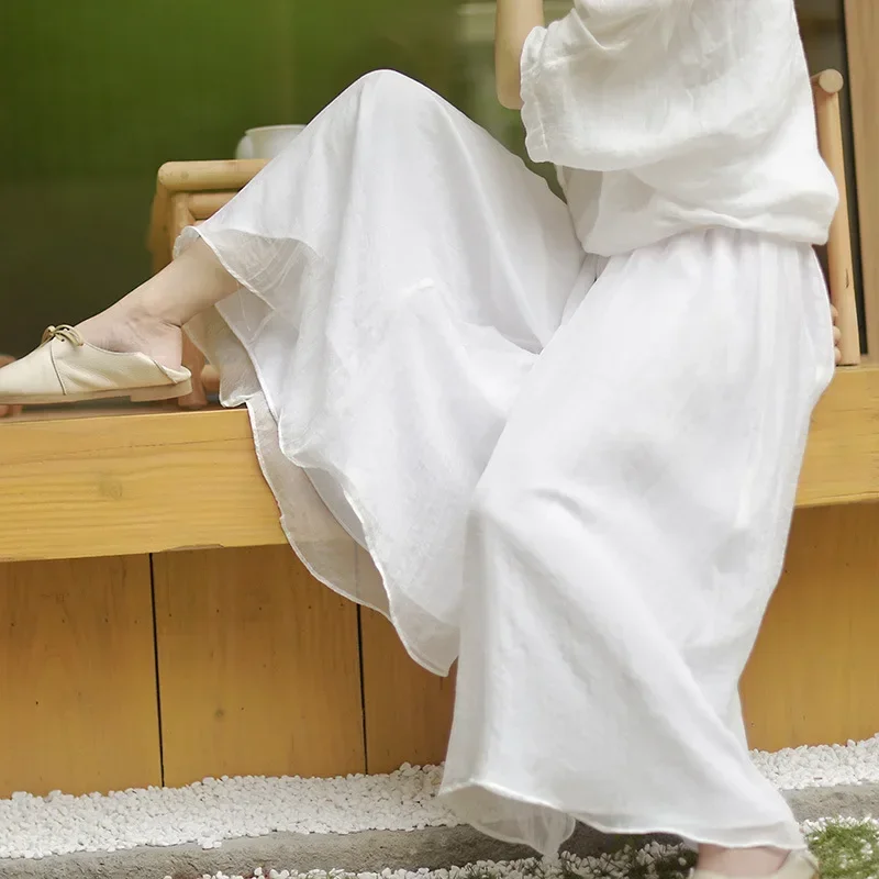 

Vintage Cotton Linen Wide Leg Pants Female Loose Large Size Women White Pants Girls Summer Chinese Style Elegant Dance Trousers