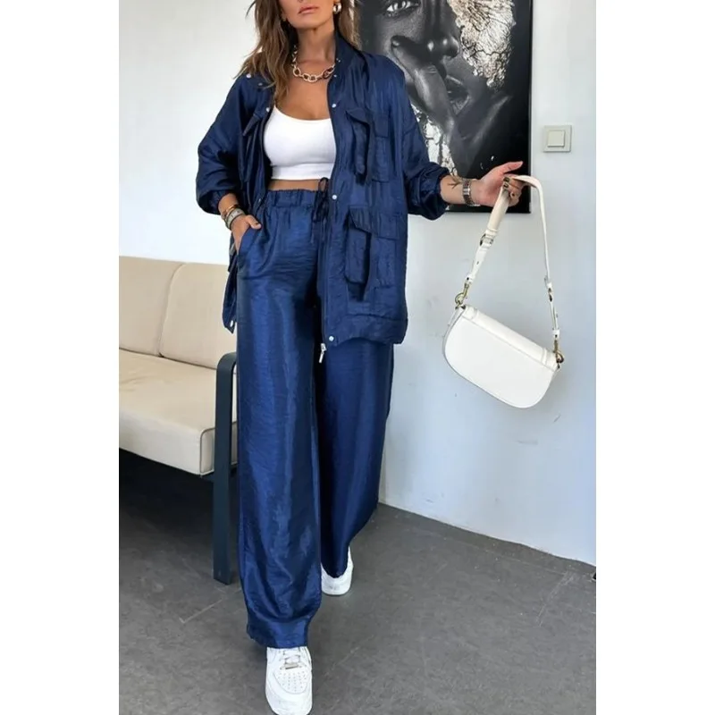 Completo Donna Primavera Autunno Due Pezzi Giacca a Maniche Lunghe Pantaloni a Gamba Dritta Tinta Unita alla Moda con Tasche Casual con Zip e Bottoni