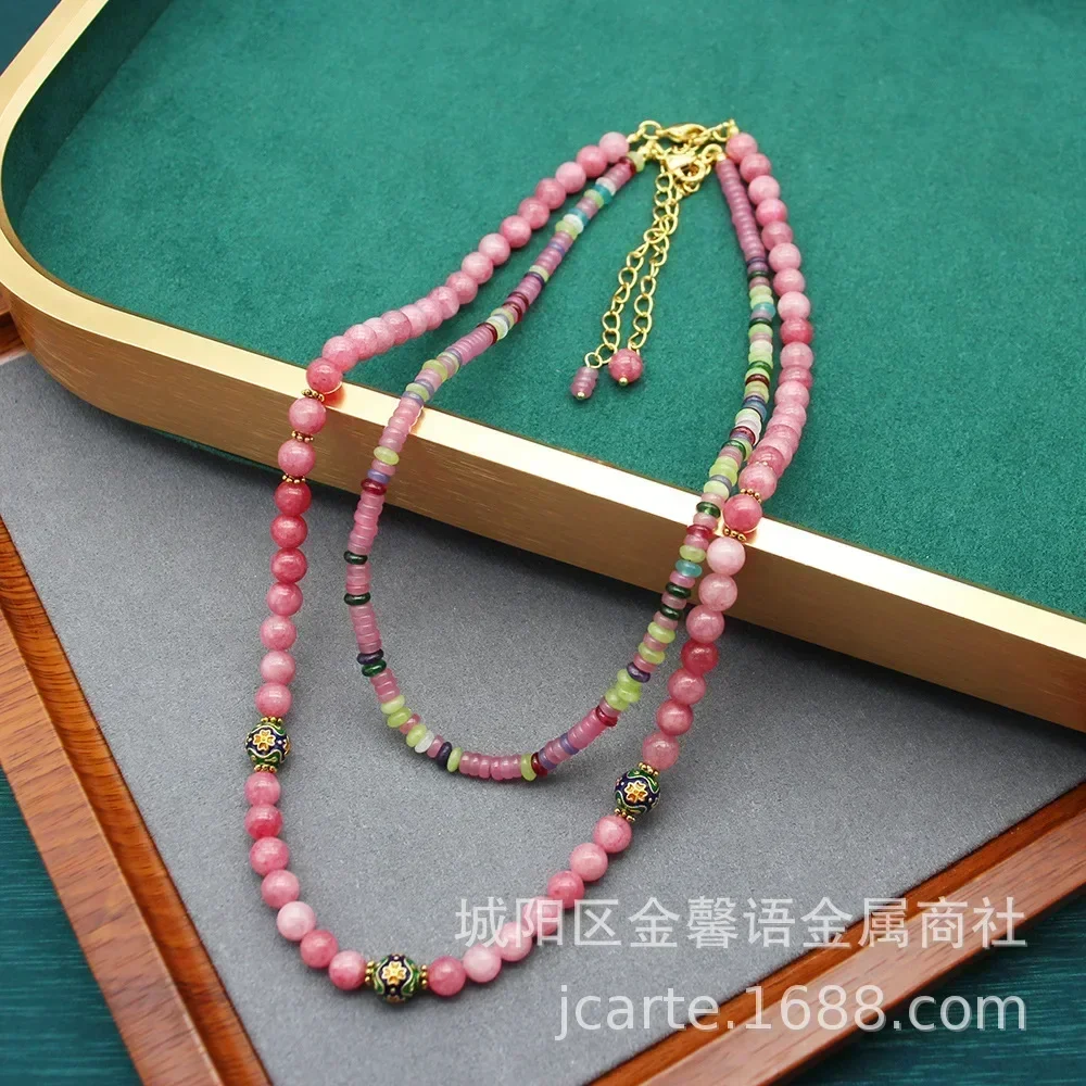 

Natural Rose Quartz Long and Short Stacking Amethyst Green Agate Glass Multi-layer Stacking Necklace Set