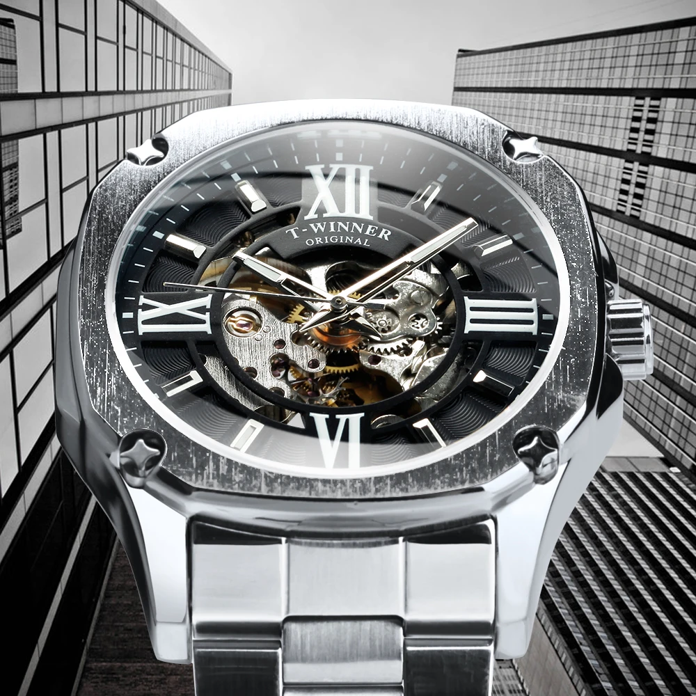 WINNER Fashion Square Skeleton Automatic Mechanical Watch for Men Luminous Hands Business Luxury Watches Stainless Steel Strap