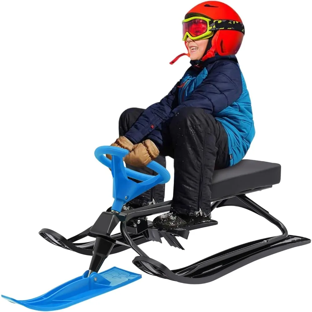 Snowmobile Sled Skis with Steering Wheel Dual Brakes Snowmobile Racer for Two Children or One Teenager