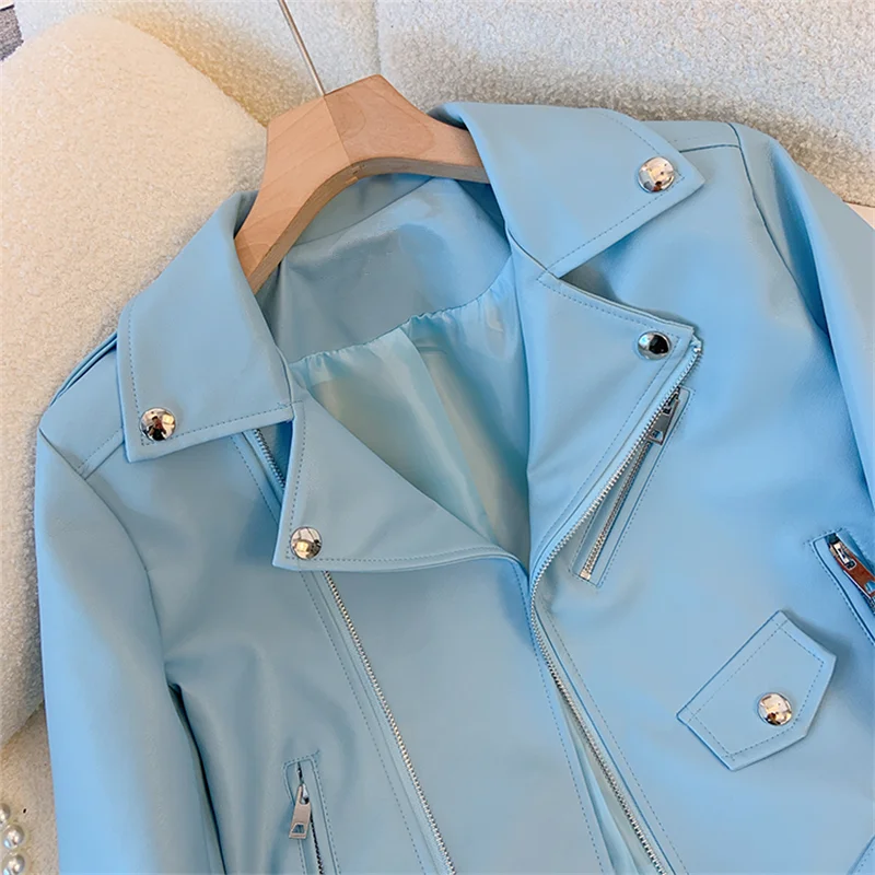 Black White Sky Blue Faux Pu Leather Jacket Women Slim Short Coat With Belt Lapel Long Sleeve Spring Autumn Female Streetwear