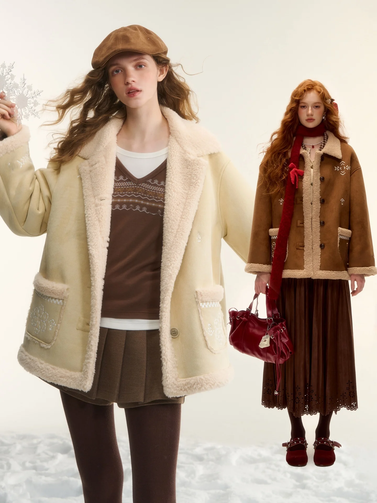 

AsGony Thiened Warm Lamb Fur Jaet Single Button Embroidered Collar Suede Outerwear Vintage Sle Long Sve Women's Coat