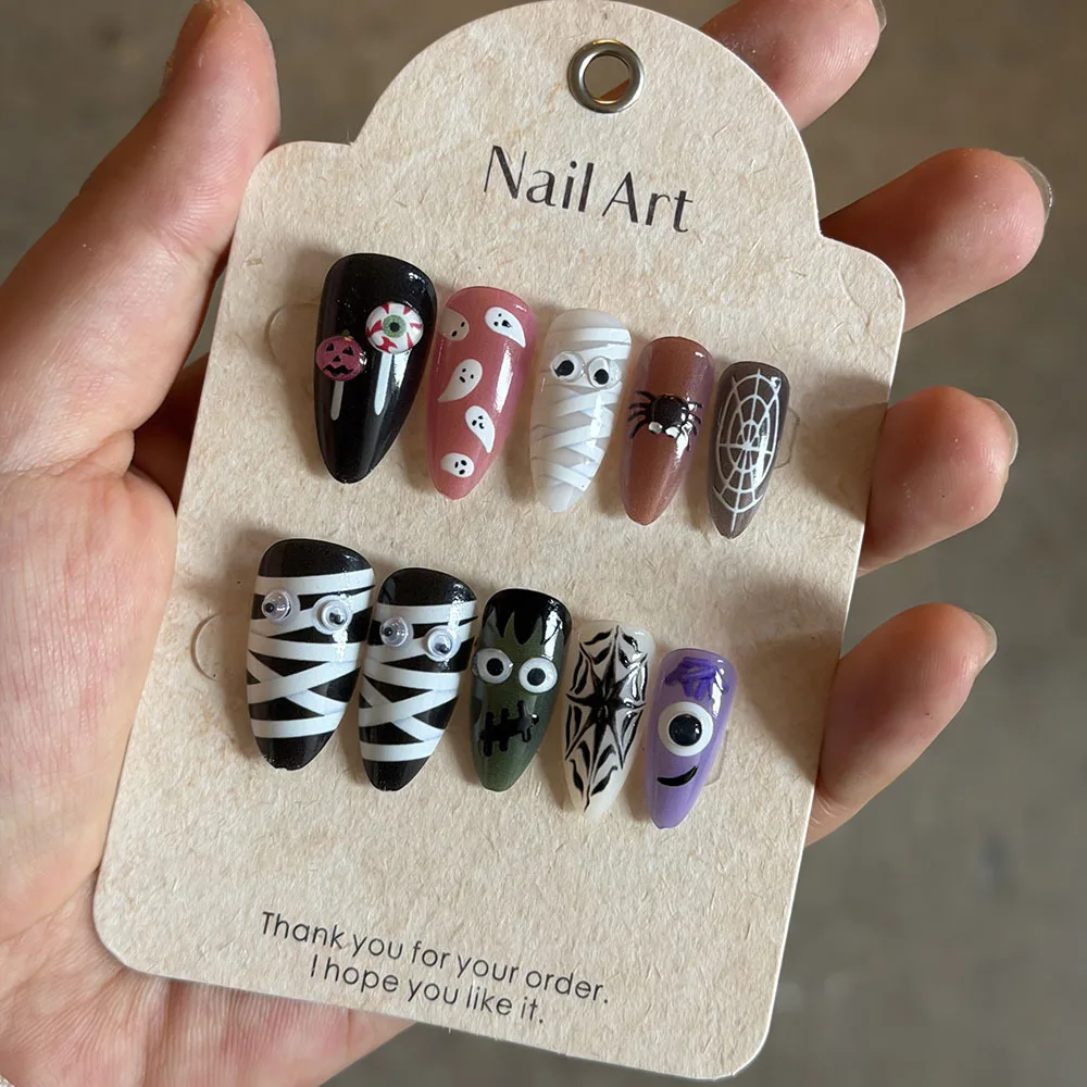 24Pcs Halloween Horror Press on Nail Mummy Bandage Spider Web Pumpkin Eye Fake Nail Short Almond False Nail for Women&Girl