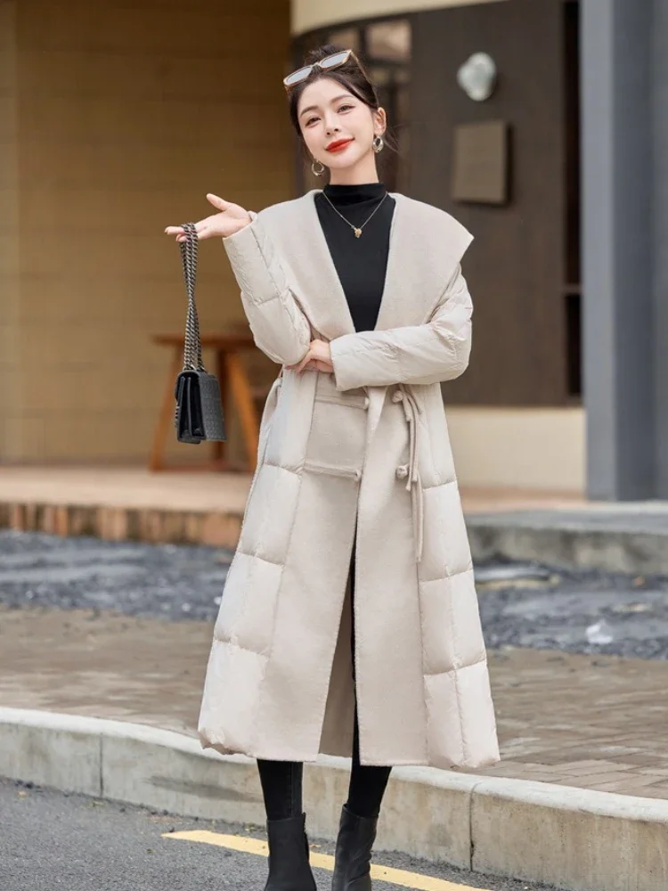 Women Patchwork Wool Long Fluffy Puffer Jacket Female 2025 New Winter Belt Top Clothing Thicken Warm White Duck Down Coat