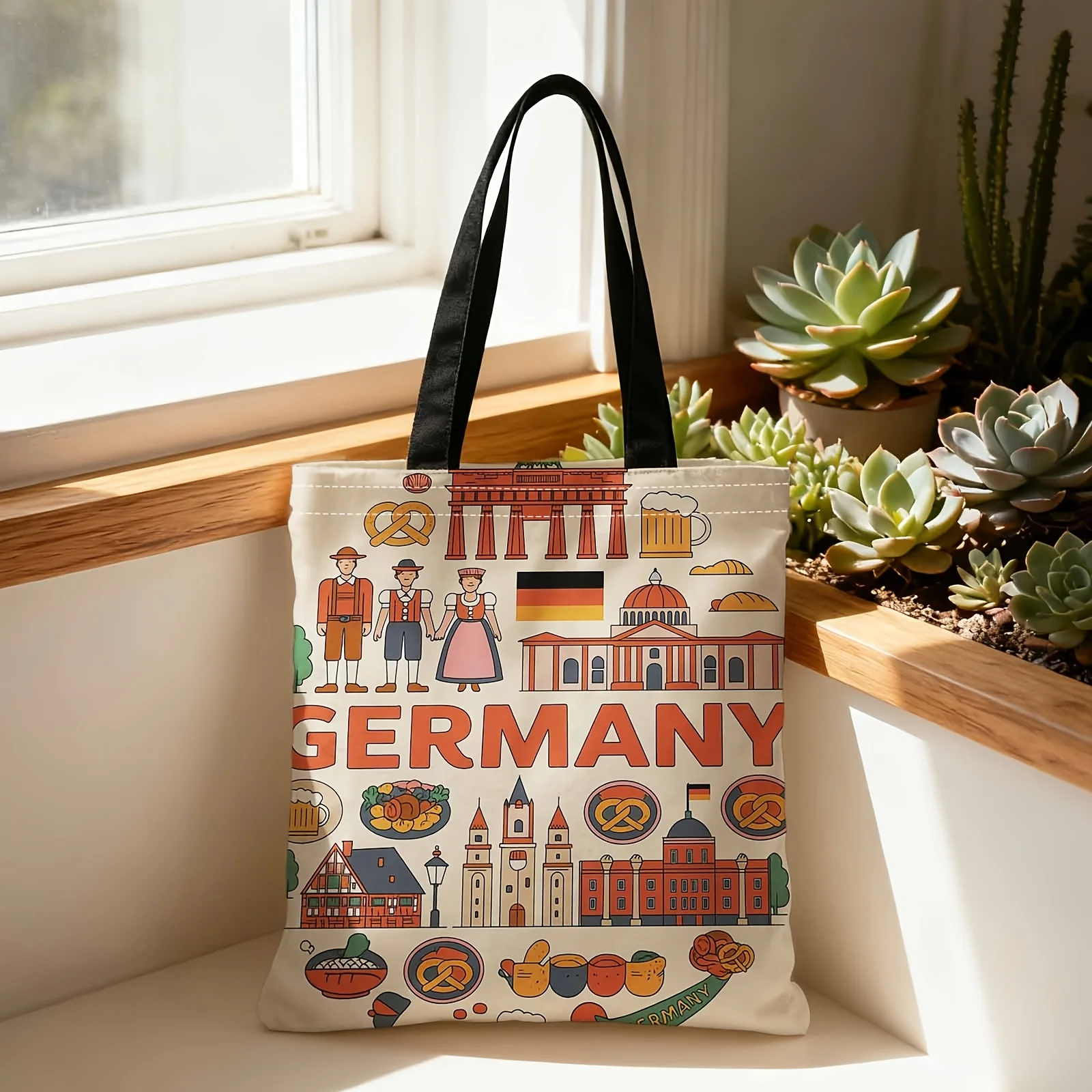 Germany Travel Canvas Tote Bag German Landmark & Food Print Reusable Shopping Bag For Travel Souvenir Gifts