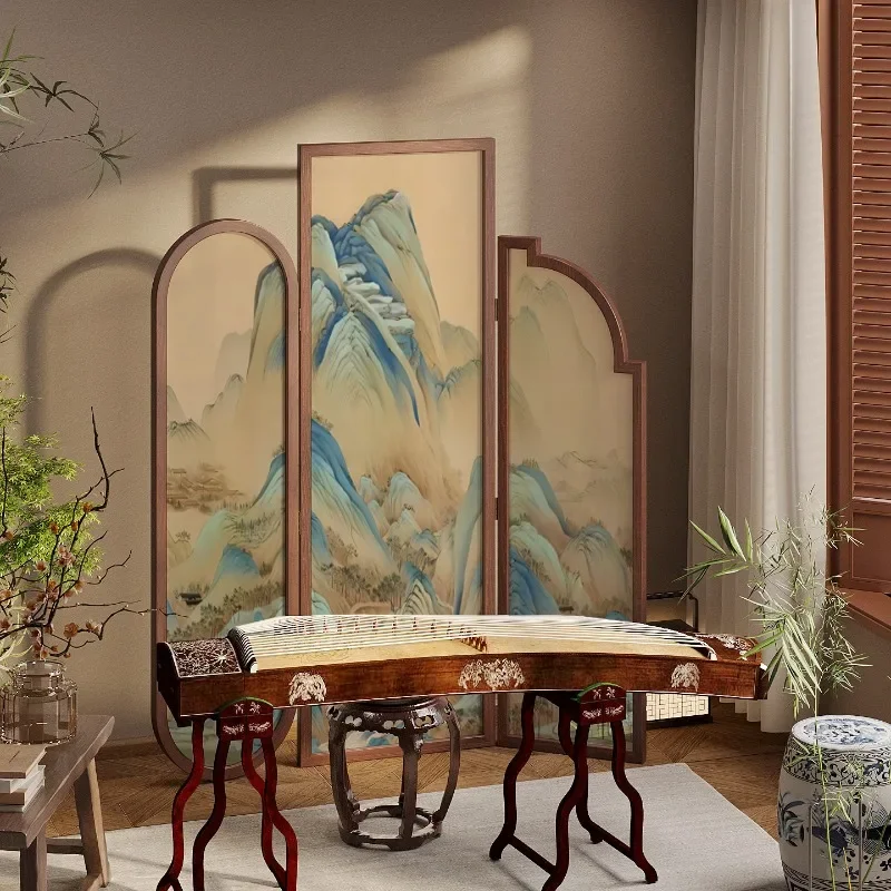 Song-style aesthetics: A thousand miles of rivers and mountains, a Chinese solid wood screen partition, living room and dining r