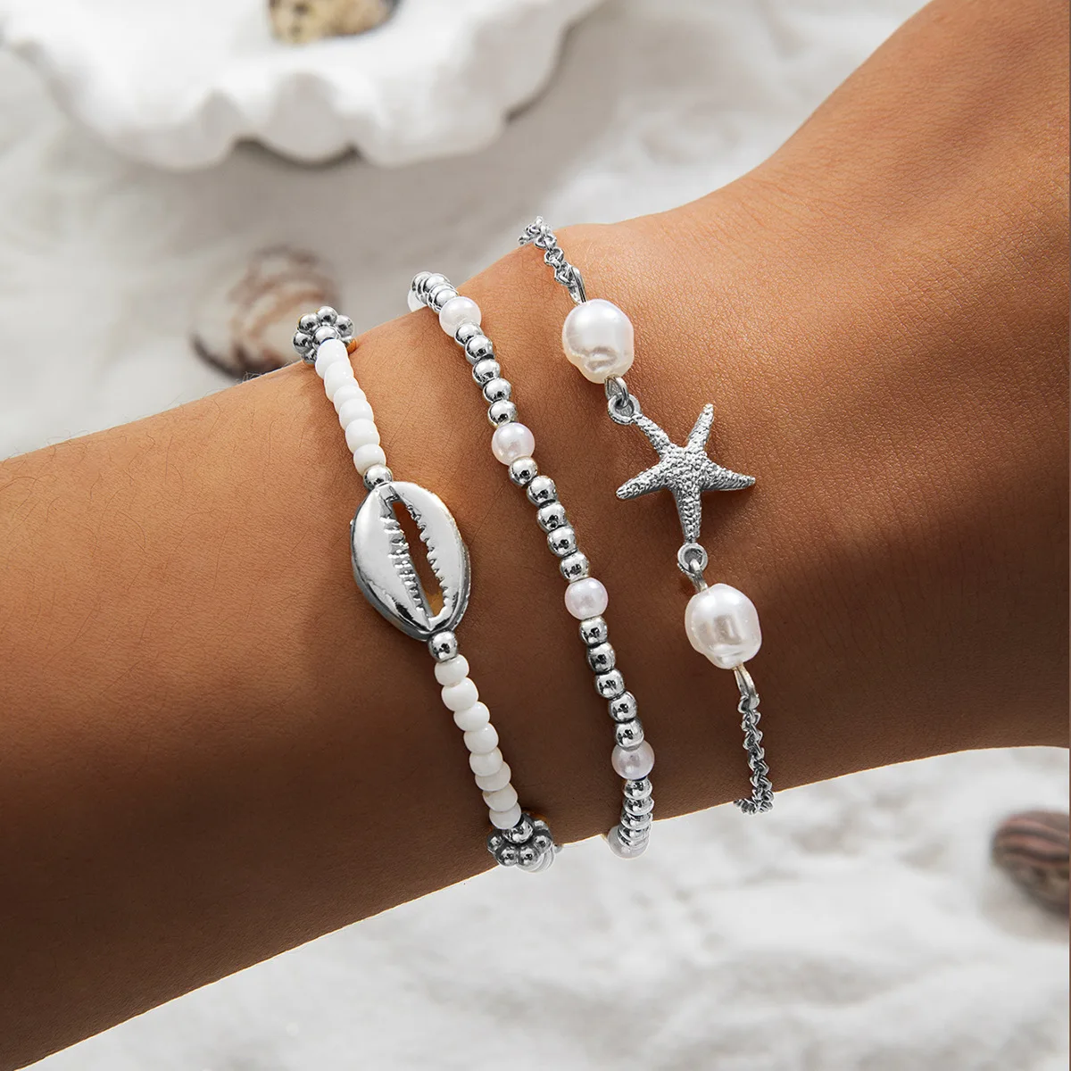 Bohemia Handmade Starfish Shell Bracelet Set Korean Rice Bead Bracelet Women's Daily Party Fashion Summer Beach Jewelry