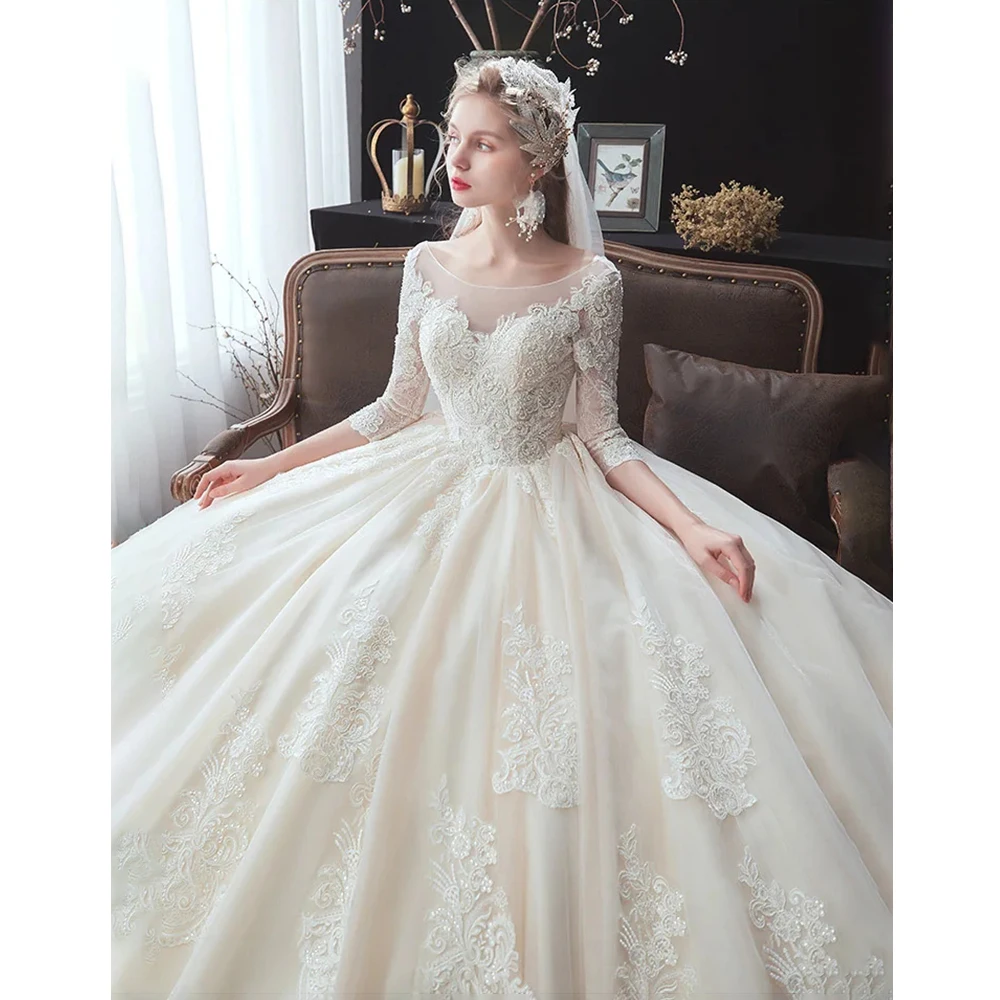 Elegant Tulle O Neck Half Sleeve Wedding Dress Lace Applique Bridal Gown Customized Princess Bride Marriage Women Clothing