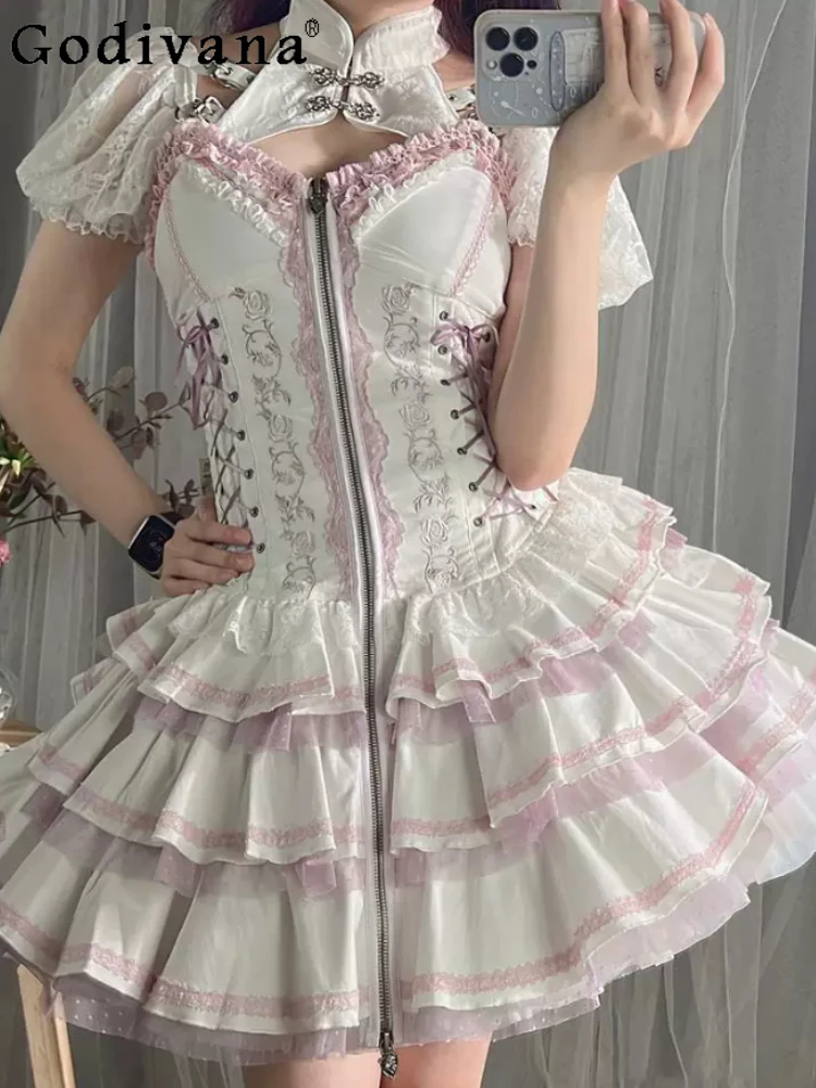 

Spring Summer New JSK Gothic Dark Punk Lolita Cake Dress Elegant High Waist A-line Versatile Temperament Suspender Dresses