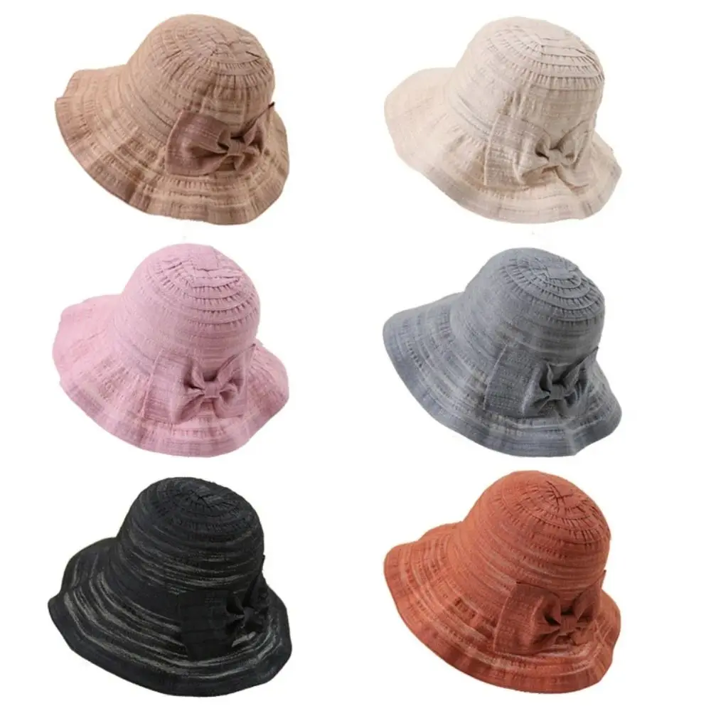 Seaside Beach Hat Cotton Sunshade Fisherman Cap Wide Brim Thin Women Bow Sun Hat Breathable Foldable Sun Protection Hat Lady