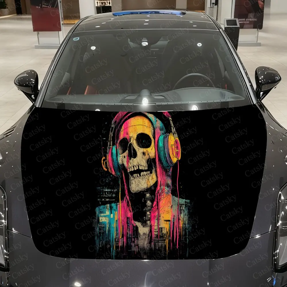

Neon Music Skeleton Dark Trendy Pattern PVC Car Hood Wraps, Self-Adhesive Waterproof Car Bonnet Decal Sticker, Car Decoration Pr