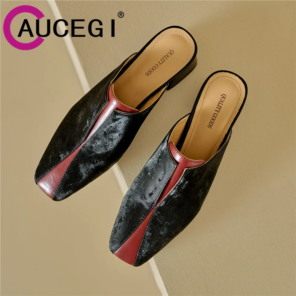 

Aucegi Women Mules 2024 Summer Elegant Retro Square Closed Toe Chunky Heels Slippers Casual Genuine Leather Spliced Velvet Slide