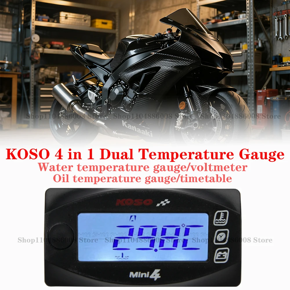 

KOSO Mini 4 in 1 Water Temperature Gauge Oil Temperature Gauge Voltmeter Time Display LED Digital Instrument Modified Accessor
