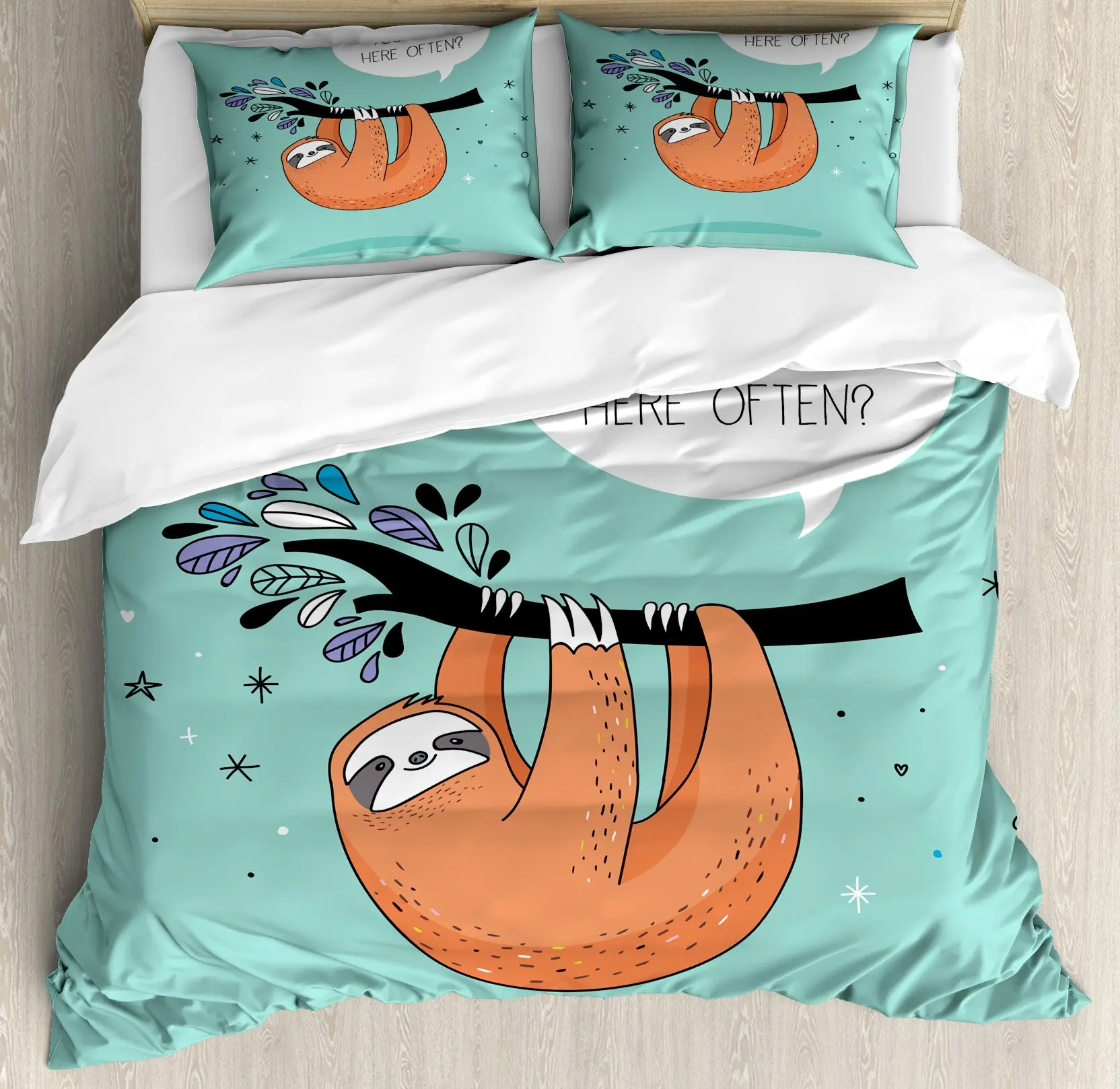 

Sloth Duvet Cover Set, Cartoon Character Sleeping on Branch Decorative 3 Piece Bedding Set with 2 Pillow Shams, Queen Full Size
