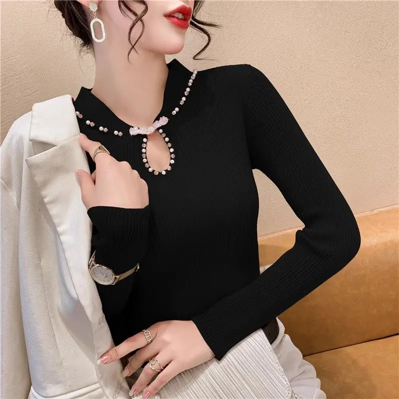 Knitting Bottoming Shirt Female Autumn Winter Fashion Slim Solid Color Long Sleeve Sweater Ladies Simplicity Hollow Out Top Tee