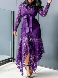 New Spring Autumn Dress Elegant French Lace Stand-up Collar Puff Sleeve Pullover Dress Waist Slimming Long Dress
