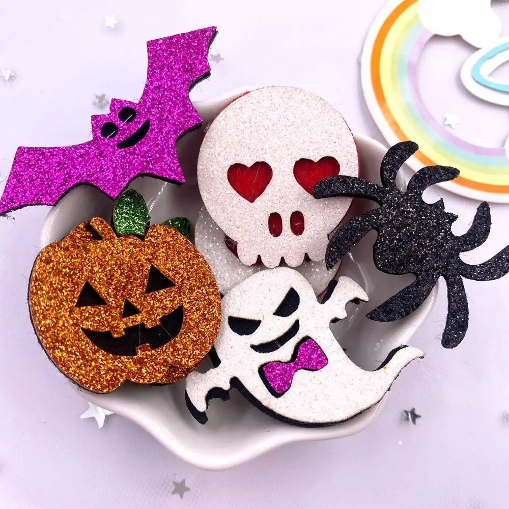 10pcs Felt Fabric Colorful Glitter Cartoon Skull Head Bat Spider Pumpkin Patch Applique Sewing DIY Hair Bow Halloween Supplie