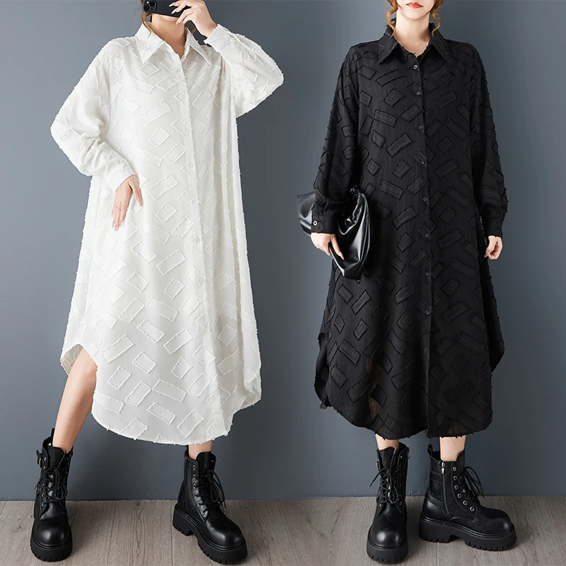

Casual Versatile Oversized Pure Color Simple Embroidery Shirt Dress Autumn Spring Loose Fit Long Sleeve mid Length Collar