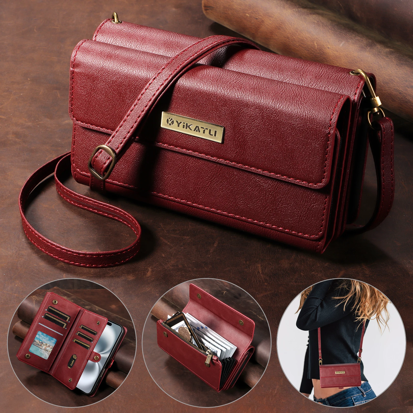 

YIKATU-008 Magnetic Wallet Case For iPhone 17 16 15 Plus 14 13 12 11 Pro Max 16e XS XR 7 8 SE Luxury PU Leather Card Stand Cover