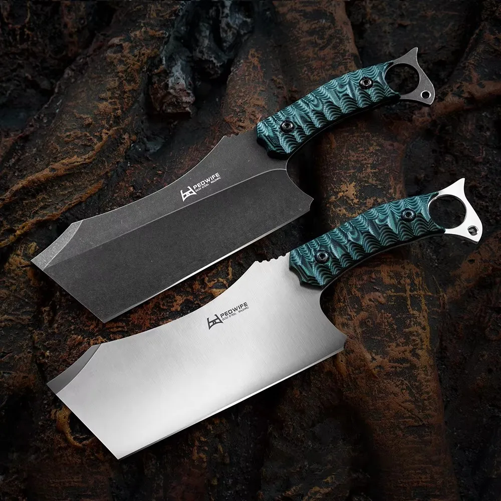 DC53 Stone-washed Heavy Duty Cleaver with Sheath G10 Handle Slicing Bone Long Lasting Sharp Dual-purpose EDC Kitchen Chef Knife