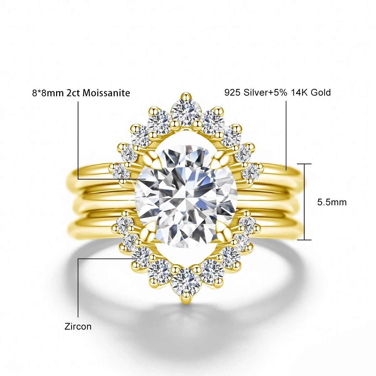 3-teiliges Hochzeitsring-Set für Frauen, 14K Gold gefüllt, runder Schliff, zertifizierter Moissanit, luxuriöser Brautschmuck für die Verlobung. – Detail 1