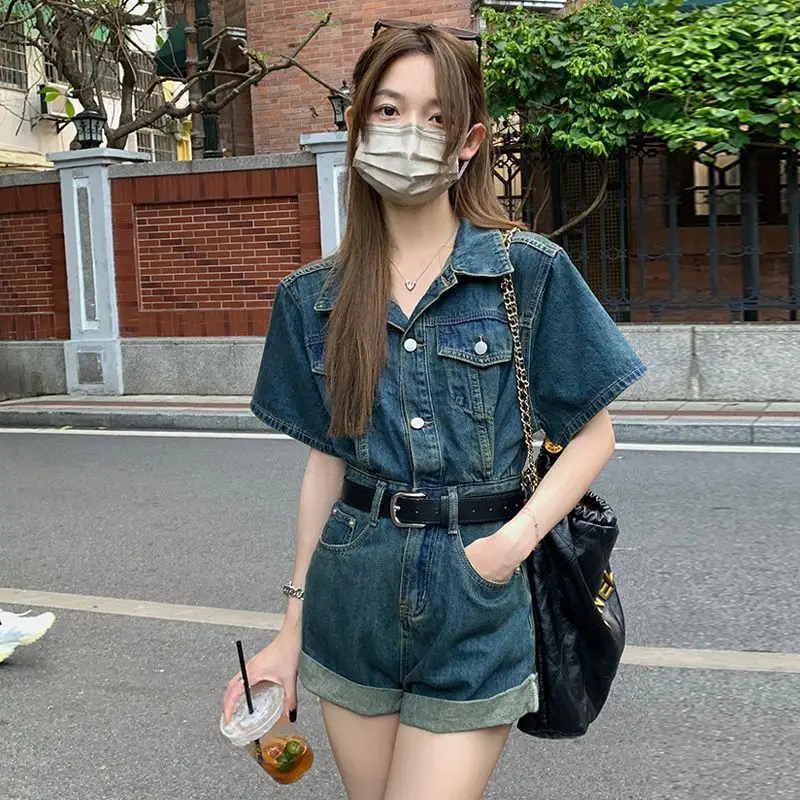 Women's Vintage Blue Denim Jumpsuit Shorts Pants for Summer Spring Casual Vacation Birthday Clothing