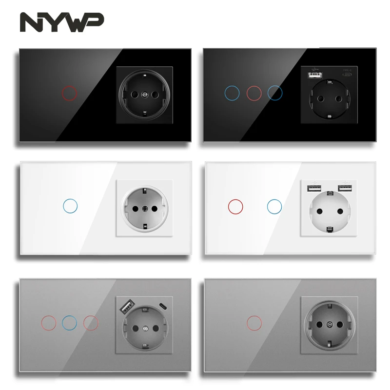 

NYWP Touch Sensor Switch With Socket With Usb Crystal Glass Panel 157*86mm 220V 16A Wall Socket With Light Switch 1/2/3Gang 1Way